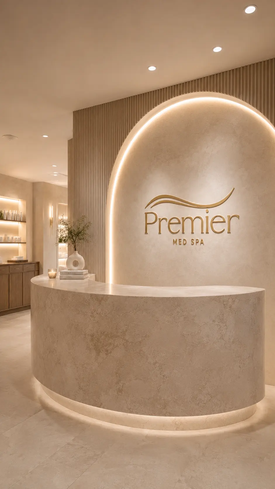 Premier Med Spa of Lake Oswego reception suite and brand wall in Lake Oswego, Oregon